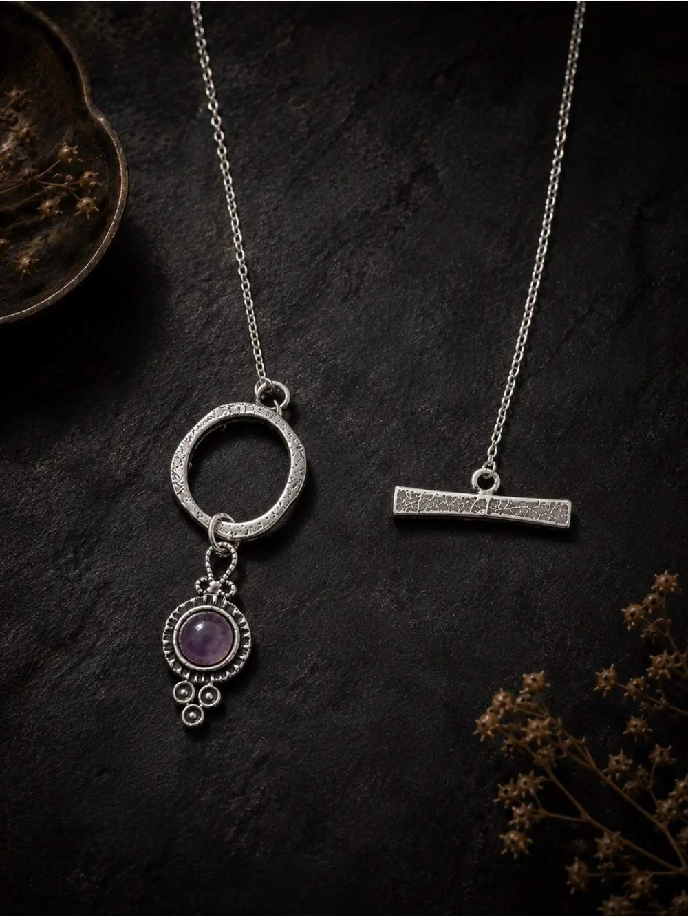 Silver Toggle Necklace Purple Stone Artisan Necklace - Picture 5 of 6